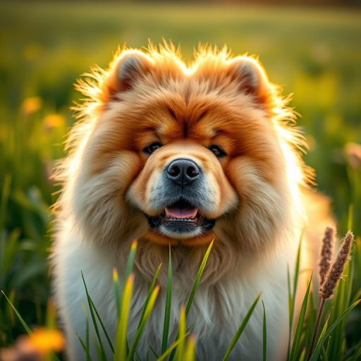 A close-up of a fluffy Chow Chow dog in a lush green field during golden hour with soft natural lighting, camera settings: f/1.8, ISO 200, shutter speed 1/250 sec, shot with a DSLR camera in portrait orientation, shallow depth of field to blur the background.