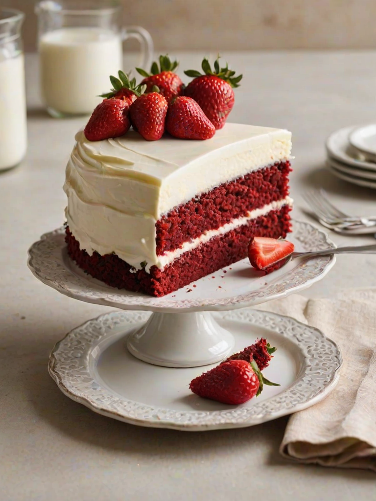 Create an image of a slice of red velvet cake on a decorative plate. The cake should have layers of cream cheese frosting and be topped with fresh strawberries. The background should be light and airy, enhancing the cake's vibrant colors.
