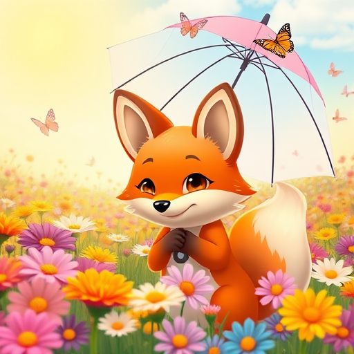 A cute cartoon fox holding an umbrella in a vibrant flower field with butterflies and a sunny sky, shot with a DSLR camera at f/2.8 aperture, ISO 100, and 1/200 sec shutter speed, using a wide-angle lens for a bright and colorful perspective.