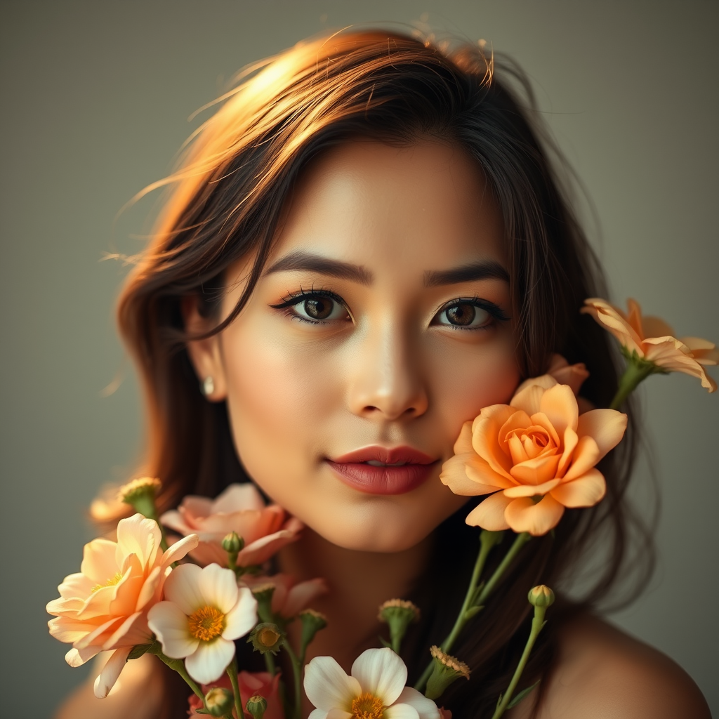 Portrait of a woman with flowers, soft lighting, warm color palette, aperture f/2.8, shutter speed 1/60s, ISO 100, 85mm lens, shallow depth of field, studio lighting setup, high-resolution image.