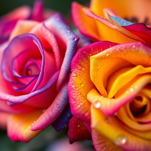 Close-up of vibrant rainbow roses with dew drops, shallow depth of field, natural light, 50mm lens, f/1.8 aperture, ISO 100, macro photography style.