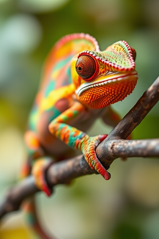 A vibrant chameleon resting on a branch, captured with a Canon EOS R5, 100mm macro lens, f/2.8 aperture, ISO 200, natural light, shallow depth of field, focus on the chameleon's details, vibrant colors and textures showcased.