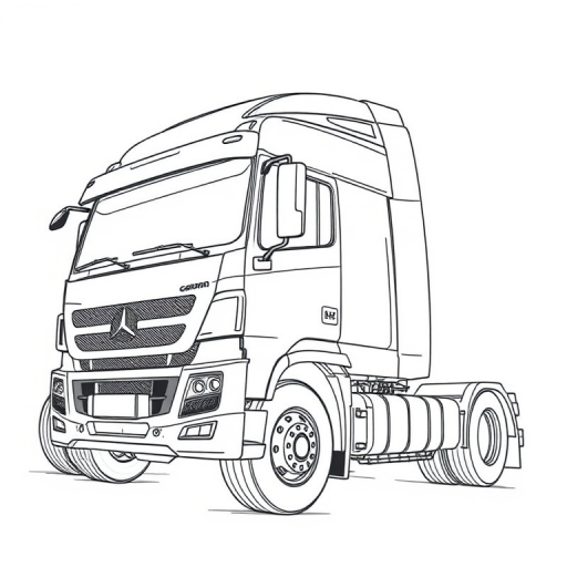 Create a high-resolution line art illustration of a modern truck with detailed contours and shading, using a Canon EOS 5D Mark IV, 50mm lens, f/8 aperture, ISO 100, and a soft focus background to enhance the main subject.