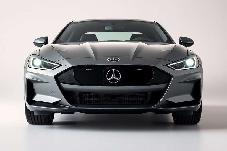 Generate an image of a minimalistic car front view with flat colors, using a DSLR camera, f/8 aperture, 50mm lens, ISO 100, and natural lighting for enhanced clarity and detail.