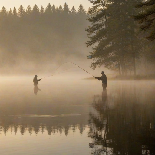 Softly lit image of a fisherman casting his line into a mist-covered lake at dawn, soft golden light from the rising sun reflecting off the water, with distant trees barely visible through the morning fog.