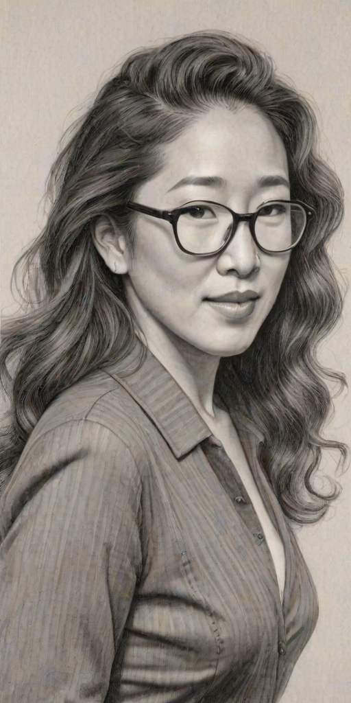 Comely Sandra Oh, pencil sketch, portrait of Ravishing woman 1949s in glasses, hair style beatnik, outline, clear lines, fine lines, 8k