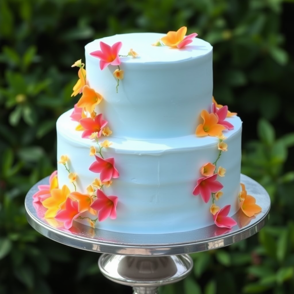 Create an image of a two-tiered cake with a light blue frosting. The cake should be adorned with colorful, delicate flowers in shades of pink, orange, and yellow, cascading down the sides. It should be displayed on a shiny silver cake stand, set against a lush green background.