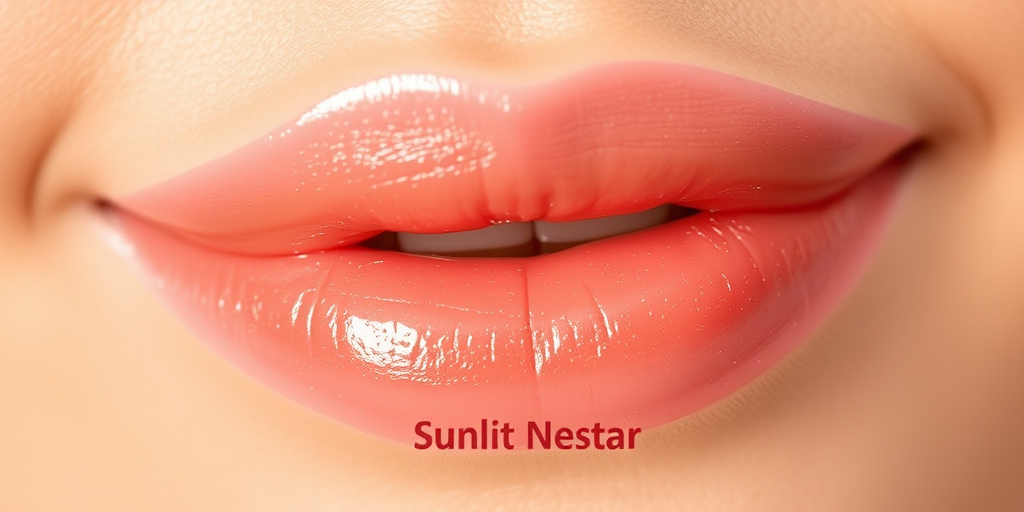 Sheer glossy lips with a hint of peach and gold shimmer, titled "Sunlit Nectar," delivering a natural, dewy look for everyday wear