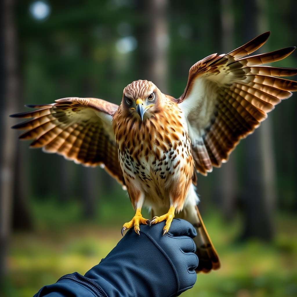 A close-up of a hawk with wings spread, perched on a gloved hand, blurred forest background, natural light, 50mm lens, f/2.8 aperture, ISO 200, shooting at 1/500 sec, DSLR camera, shallow depth of field.
