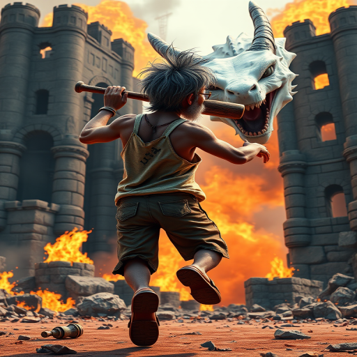 Cartoon 3D High-Resolution,dynamic battle scene using Unreal Engine 5 and Octane Render. The scene features back of an elderly, thai man with a beard,messy hair and round golden-rimmed glasses. He is wearing a tattered tank top with soot marks, shorts, and sandals. sweating. he wields a baseball bat. He jump to fight with a white fire-breathing Europe dragon amidst a partially destroyed stone castle. Include intense flames, smoke, and debris to enhance the dramatic effect.