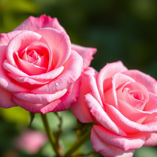 macro shot of two pink roses with dew drops in soft natural light, f/2.8, 1/200 sec, ISO 100, 50mm lens, shallow depth of field, DSLR camera