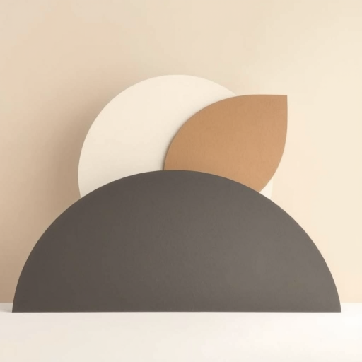 Create a minimalist abstract composition with overlapping geometric shapes in neutral tones such as beige, taupe, and gray against a soft beige background, captured with a DSLR camera, 50mm lens, f/2.8 aperture, natural lighting, and a focused depth of field.