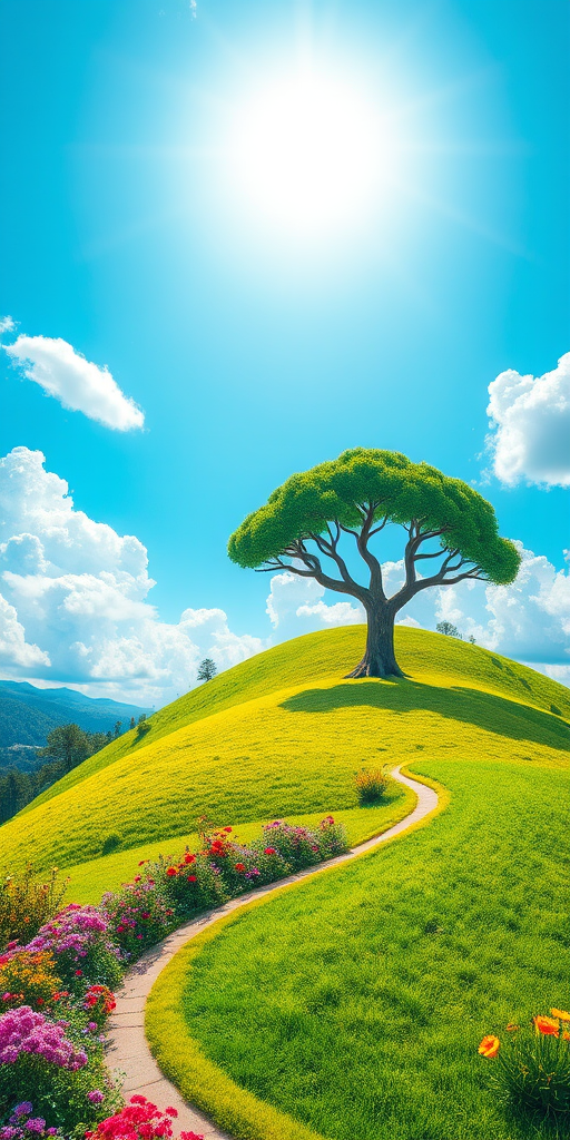 Create a vibrant landscape with a bright blue sky, fluffy white clouds, a lush green hill, a cartoonish tree with a thick trunk, colorful flowers along a winding path, the sun shining brightly overhead, shot with a DSLR camera at f/8 aperture, 24mm focal length, and a wide-angle lens for a panoramic view.