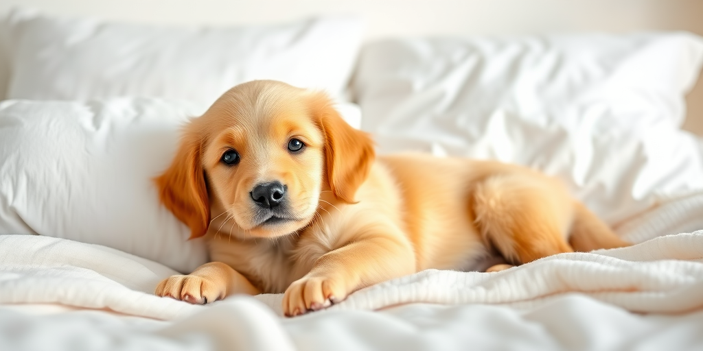 Generate an image of a golden retriever puppy lying on a bed with fluffy white pillows and a soft blanket the puppy has a curious expression and its paws are resting on the blanket the background is softly lit creating a cozy atmosphere