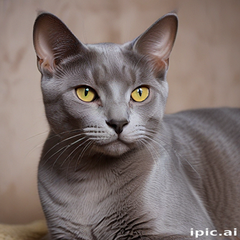 A Majestic Gray Cat with Striking Yellow Eyes Poses Elegantly Indoors.