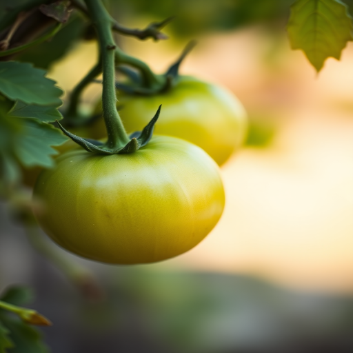 close-up shot of green tomatoes hanging on a vine with soft blurred background, f/2.8 aperture, ISO 100, 50mm lens, natural light, macro photography