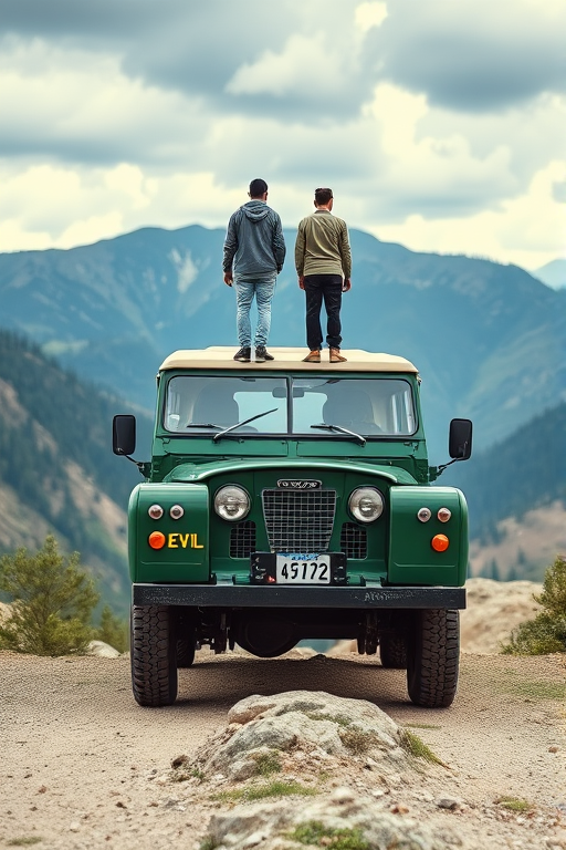 Regenerate an image of a green vintage 4x4 vehicle with two people standing on top in a mountainous landscape, use a Canon EOS R5 camera with a 35mm lens, aperture f/2.8, ISO 100, shutter speed 1/160s, shoot from a slightly elevated angle to capture the full scene and enhance depth of field.