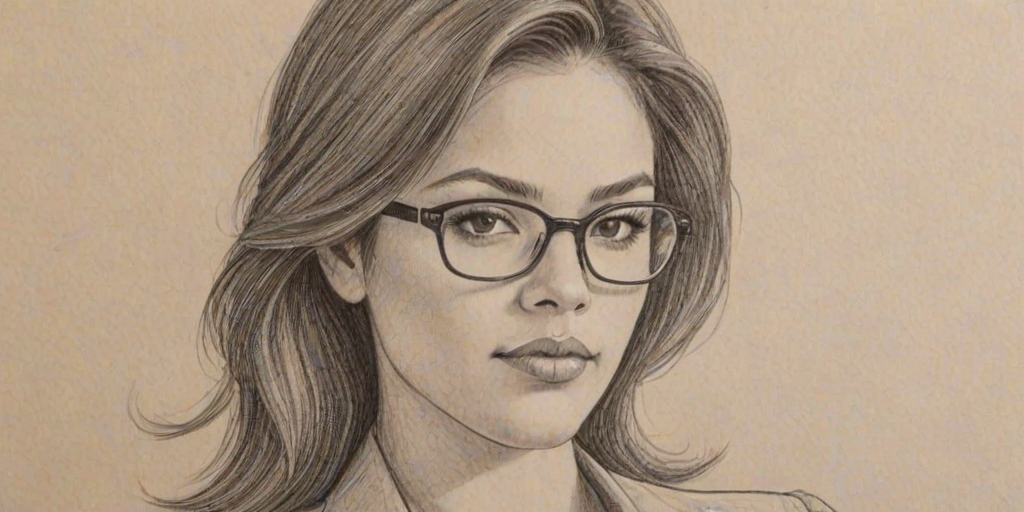 Gorgeous Alyssa Diaz, pencil sketch, portrait of Lovely woman 1977s in glasses, hair style beatnik, outline, clear lines, fine lines, 8k