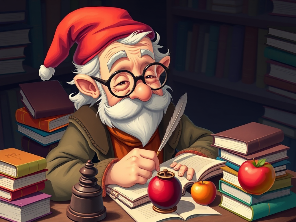 a whimsical old scholar with glasses and a red cap writing with a quill, surrounded by stacks of colorful books, an inkwell, and an apple, vibrant colors, high detail, DSLR camera, f/2.8 aperture, 50mm lens, soft natural lighting, top-down view, illustration style