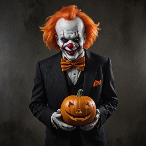 Illustrate a sinister clown with bright orange hair and a dark, menacing smile. The clown is holding a spooky jack-o'-lantern balloon and a carved pumpkin. Dress the clown in a formal suit with a large red bow tie to enhance the eerie Halloween ambiance. Aim for a chilling, unsettling style that captures the essence of Halloween horror.