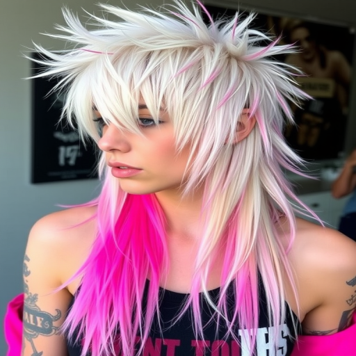 Edgy platinum blonde mullet with neon pink roots and choppy layers, styled in a tousled and textured manner for a modern punk rock vibe