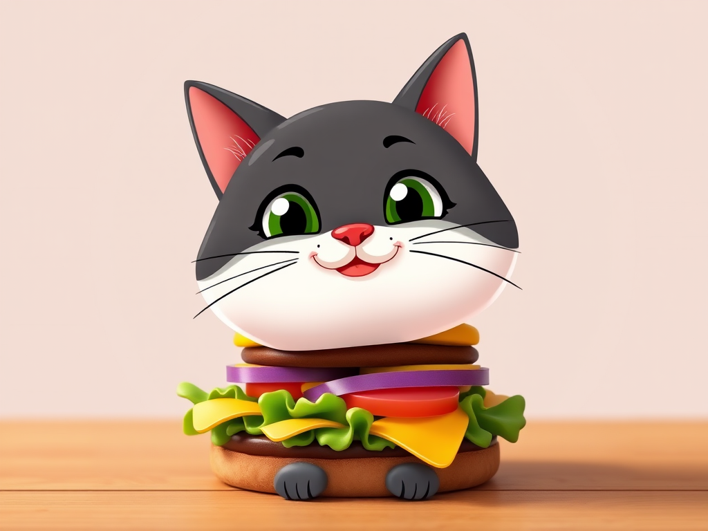 Create a cartoon-style image of a cat-burger hybrid with a smiling face, bright colors, and a clean background, captured with a DSLR camera at f/2.8, ISO 100, 50mm lens for sharp detail.