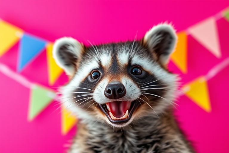 A raccoon smiling with its mouth open against a bright pink background with colorful banner decorations, 50mm lens, f/2.8 aperture, 1/100s shutter speed, ISO 200, soft focus background, high-quality portrait photography, DSLR camera.
