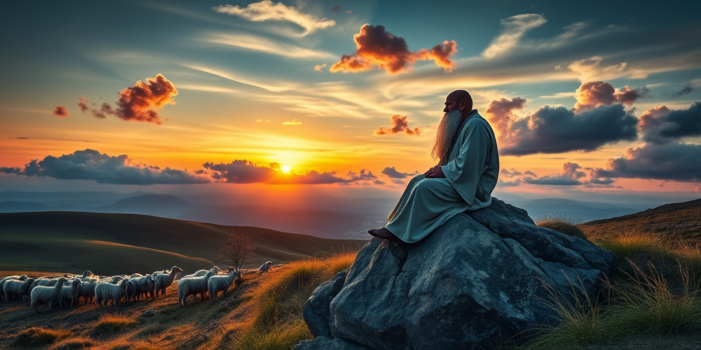 Create a serene landscape depicting a wise figure with a flowing beard sitting on a rock among sheep on rolling hills at sunset, with dramatic clouds in the sky, captured with a DSLR camera at f/2.8, ISO 100, 24mm, using a wide-angle lens to enhance detail and depth.
