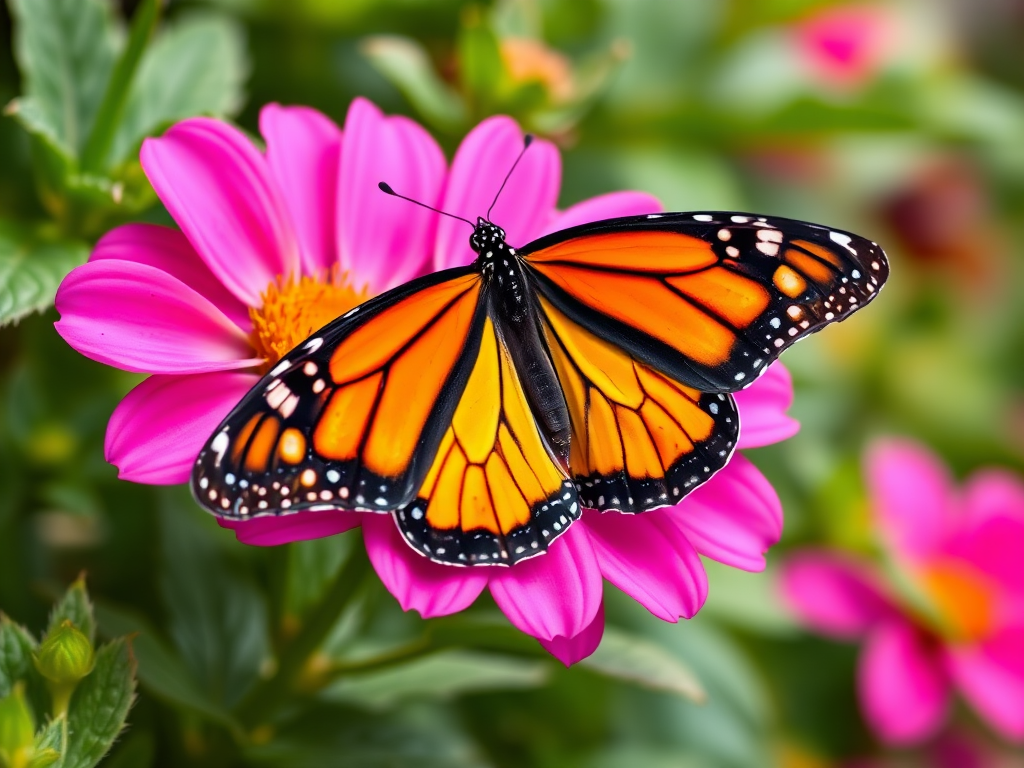 Generate an image of a vibrant monarch butterfly resting on a bright pink flower, surrounded by lush green foliage. The butterfly should display its characteristic orange and black wing patterns, with the flower's texture and color contrasting beautifully against the butterfly's wings. Ensure the background is softly blurred to highlight the butterfly and the flower.