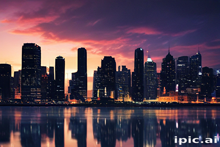Stunning Twilight Skyline Over a Reflective Water Surface in the City