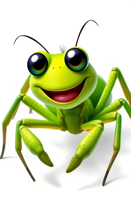 Create a vibrant cartoon-style image of a green spider with a large smile, positioned in a playful pose on a white background, captured with a DSLR camera, 50mm lens, f/2.8 aperture, ISO 200, in natural light to enhance color saturation and detail.