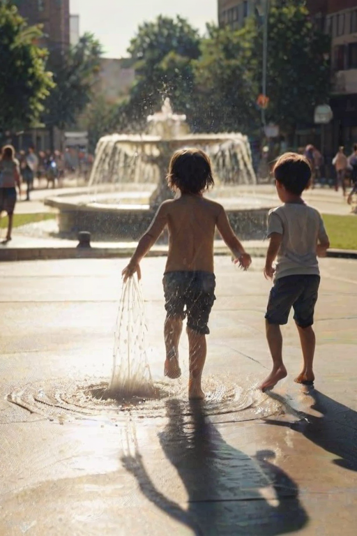 Blurry, candid photo of children playing in a fountain on a hot summer day, water spraying in all directions, with distant buildings casting long shadows on the street.