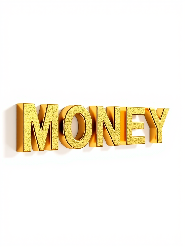 Create a hyper-realistic 3D rendering of the word MONEY in shiny gold metallic texture with dramatic lighting, using a DSLR camera with a 50mm lens at f/1.8, ISO 100, and 1/200s shutter speed, shot from a slightly elevated angle against a plain white background for enhanced clarity and detail.