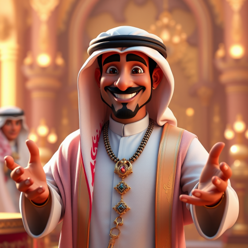 Create a 3D rendering of a wealthy Arab male sheikh from Dubai, inspired by the Disney animation style. The sheikh must have a smile and a playful but wise character. Place your character in an atmosphere of wealth and luxury. The image must be in high resolution format. Dynamic pose above the waist, gesturing with hands (Pixar Art style)++ highly detailed digital painting, art stations, concept art, soft focus, hard focus, illustrations. cinematic, visual effects, HDR, Unreal Engine 5, ray tracing, soft light, 8k, high detail, sparkling backlighting, luxury gem, game art, 3d, cartoon, colorful, magical, mysterious