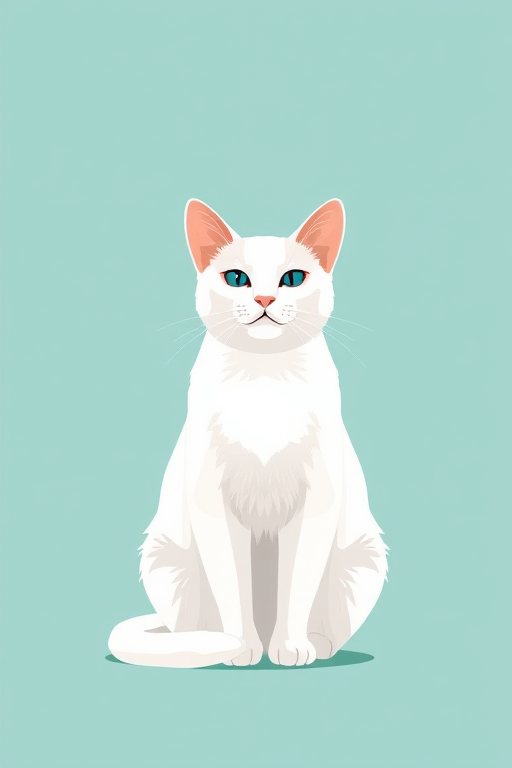 Regenerate a minimalist illustration of a white cat sitting against a soft teal background, using a Canon EOS R5 with a 50mm f/1.2 lens, aperture set to f/2.8, ISO 100, and soft diffused lighting for enhanced clarity and depth.