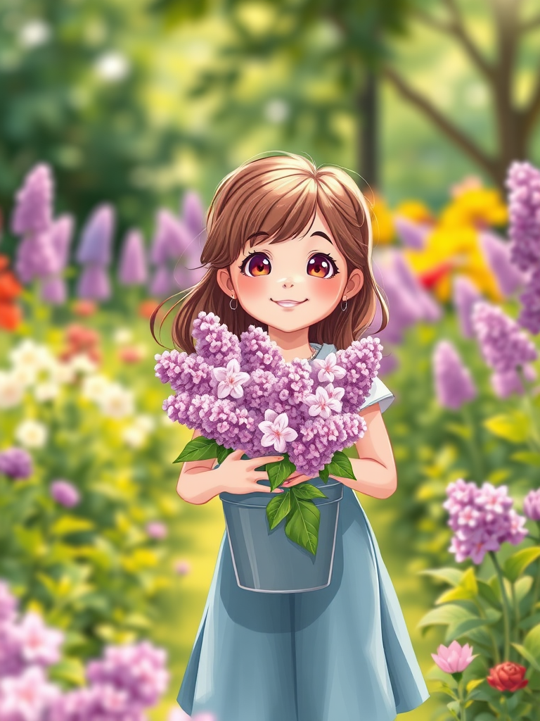 Create an illustration of a cheerful young girl holding a bucket of lilacs in a vibrant garden setting, shallow depth of field, natural light, 50mm lens, digital artwork, high-resolution, 300 DPI.