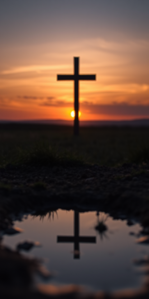 sunset over a serene landscape with a cross silhouette reflecting in a shallow puddle, soft focus, warm tones, f/8 aperture, ISO 100, 1/125 sec shutter speed, wide-angle lens, DSLR camera