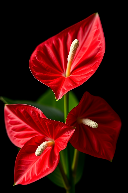 high-resolution close-up of vibrant red anthurium flowers against a black background, using a Canon EOS R5, 85mm f/1.4 lens, ISO 100, aperture f/8, and a softbox for enhanced lighting.