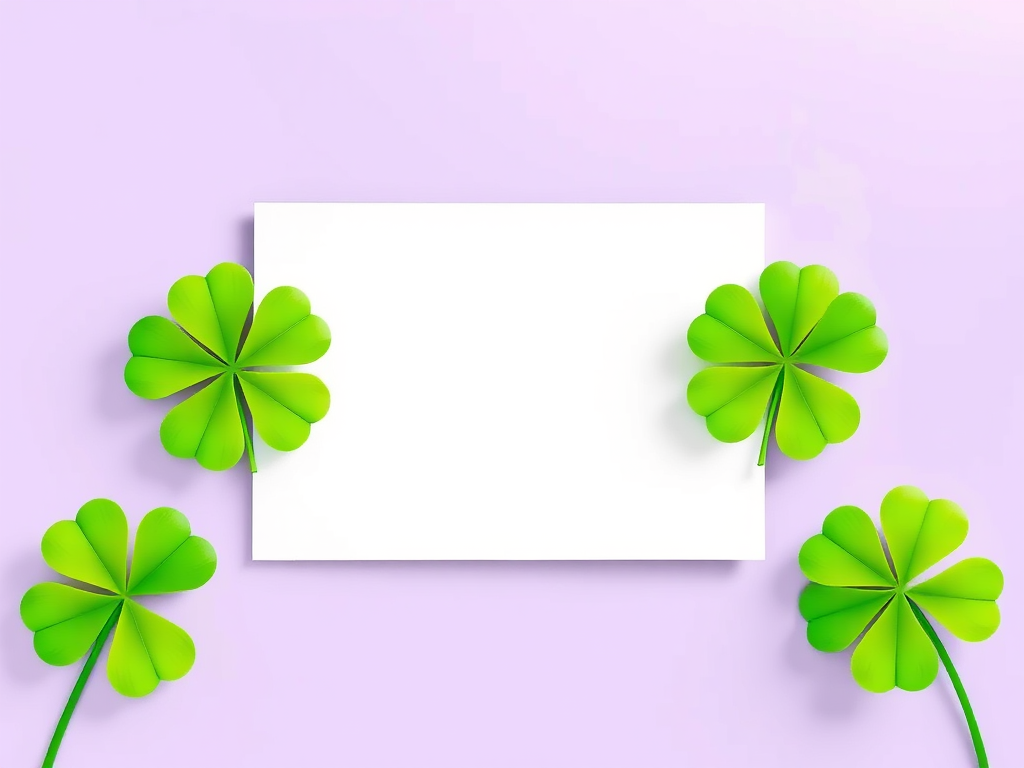 Create a vibrant illustration of a blank sheet of paper surrounded by three stylized green clover leaves on a soft lavender background, using a DSLR camera with a 50mm lens, f/2.8 aperture, ISO 100, and a wide-angle view to enhance clarity and depth.