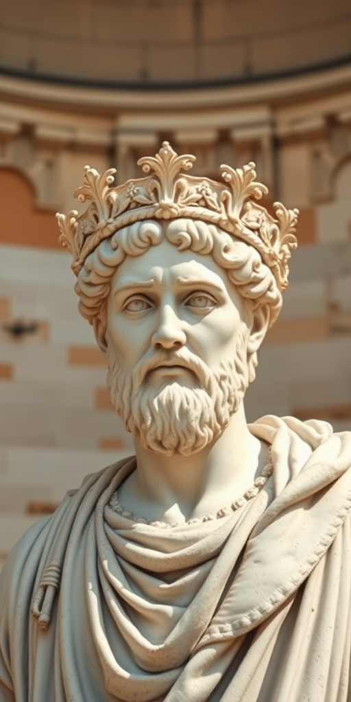 Generate a high-resolution image of a Roman emperor statue with a laurel crown in an ancient setting, using a Canon EOS R5 camera with a 50mm lens, f/1.8 aperture, ISO 100, shot in natural light from a low angle to enhance depth and detail.