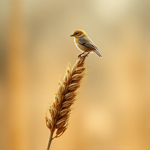 Soft, muted Alcohol Ink with ebru effect background image of tiny whimsical gazalle, who climbed high on the top of a golden rye ear.