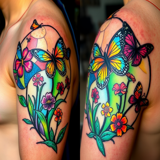 Stained glass tattoo called "Luminary Mosaic" depicting a nature scene with vibrant flowers and butterflies, rendered in the style of a stained glass window with bold black outlines separating distinct color segments, creating a luminous effect on the skin