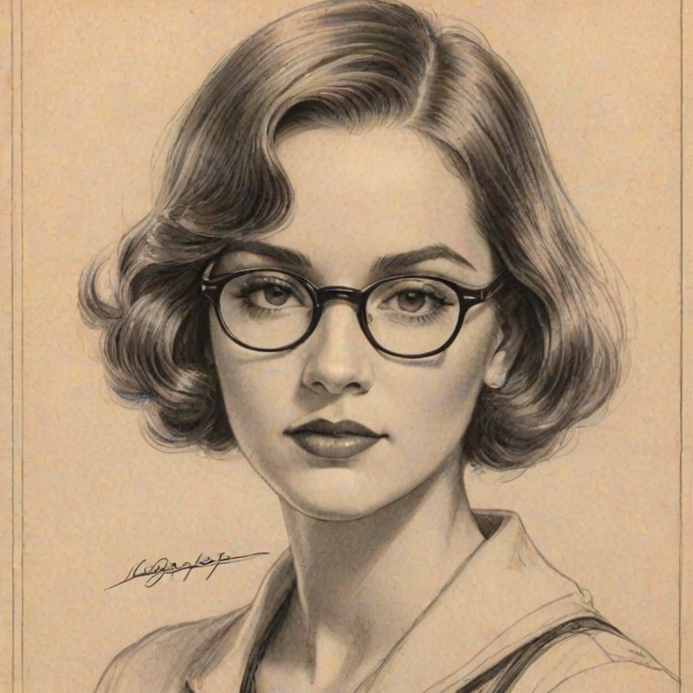 Magnificent Madison Bailey, pencil sketch, portrait of Stunning woman 1929s in glasses, hair style beatnik, outline, clear lines, fine lines, 8k
