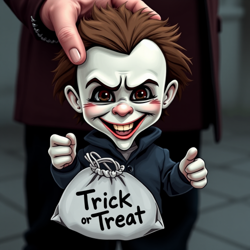 A whimsical caricature of a child version of Michael Myers, grinning mischievously. He is held by the hand of an unrecognizable person (only their hand visible), while holding a bag labeled 'Trick or Treat.' His facial expression is playful yet slightly menacing, reflecting his iconic figure. The scene is in portrait format with a Halloween theme, featuring exaggerated cartoon details like big eyes, a small body, and a creepy yet light-hearted tone.