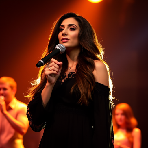 A mia khalifa with long, flowing brown hair is standing in the center of the frame, holding a microphone in her right hand, and looking slightly off to the right side of the frame. She is wearing a black, off-the-shoulder dress with delicate lace detailing. The lighting is warm and dramatic, creating a spotlight effect on the singer. There are other figures in the background, blurred and out of focus, suggesting a concert or performance setting. The camera angle is low, capturing the woman from the waist up. The overall atmosphere is intimate and captivating.
