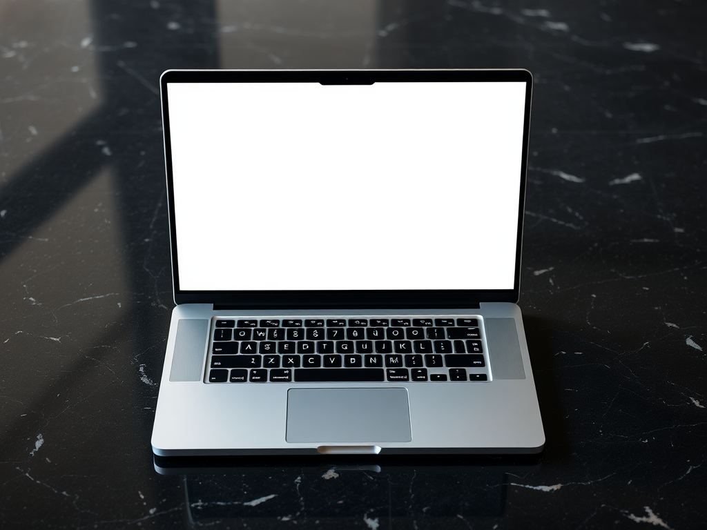 Create a high-resolution image of an open laptop on a dark, marbled table surface with a smooth texture, using a DSLR camera with a 50mm lens at f/2.8 aperture, ISO 100, and a shot taken from a 30-degree angle to capture the laptop's screen reflecting ambient light.