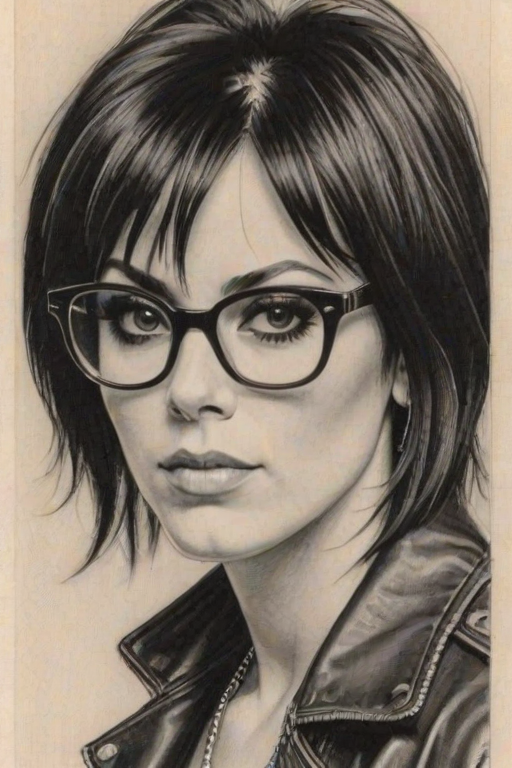Fascinating Joan Jett, pencil sketch, portrait of Beauteous woman 1962s in glasses, hair style beatnik, outline, clear lines, fine lines, 8k