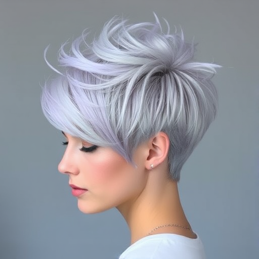 Striking silver pixie cut with dramatic swept-back volume and subtle lilac undertones, styled to resemble windswept feathers dubbed "Storm Chaser" radiating strength and dynamism