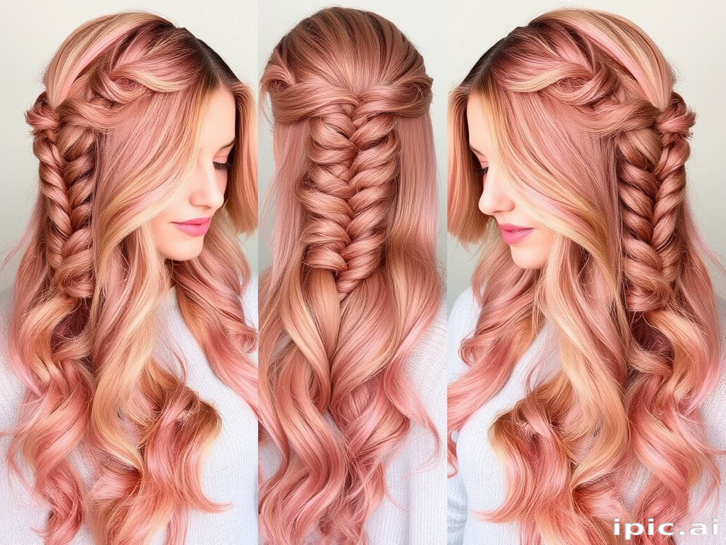 Romantic rose gold waves styled in the "Blush Cascade" half-up fishtail braid, long flowing layers with soft pink undertones, face-framing pieces gently curled, subtle copper highlights adding warmth, dreamy ethereal appearance
