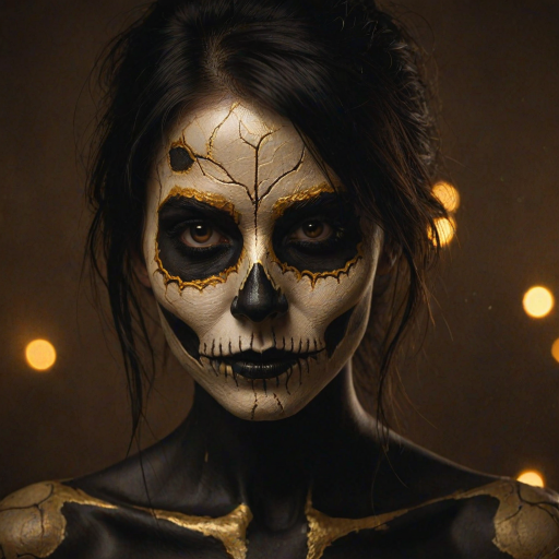Create image featuring a close-up of a face painted like a skull. The skin is predominantly white with textured, cracked paint. The eye sockets are painted black, blending into the natural shadows of the eyes, creating a deep, hollow look. Bright, intense golden-yellow lights radiate from the eyes, casting a warm glow that contrasts with the cold, esoteric background. The nose is painted black in the shape of a spade. The mouth area features black lines extending from the corners, resembling a stitched effect. The face has sporadic black hair strands that frame it dramatically, adding to the eerie yet captivating feel. The background is blurred and dark, enhancing the focus on the face. Small, glowing orange embers are scattered sporadically across the image, contributing to the mysterious and magical atmosphere. The overall style is hyper-realistic with an emphasis on the contrast between light and dark elements, giving it an almost supernatural